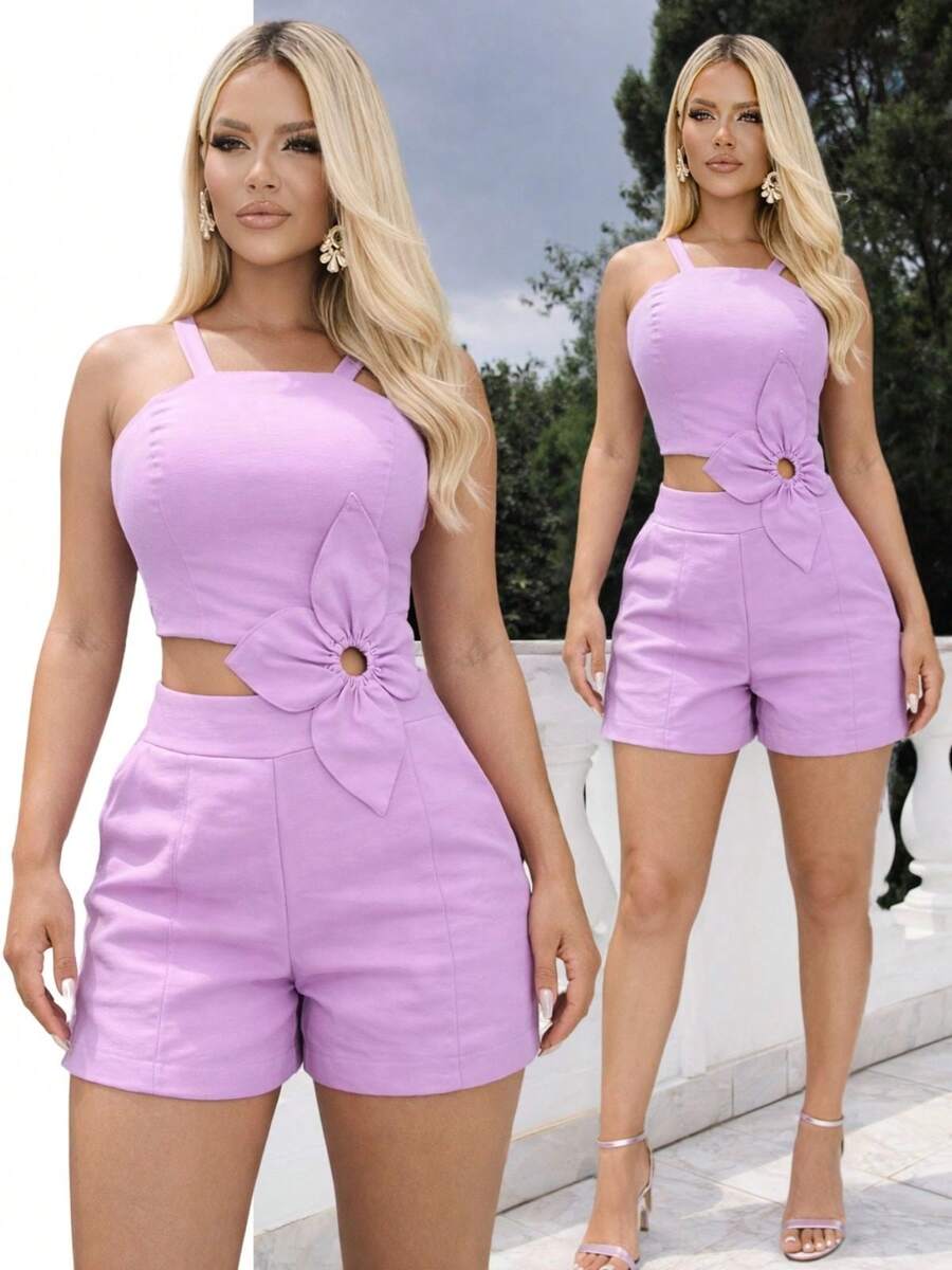DIVINA GATA Women's Short Tailored Jumpsuit With Elegant 3D Flower - 莉拉的奢華 - 查看 1