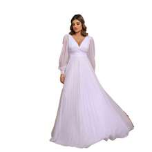 Elegant Women's Long Dress With Long Sleeves And Pleats, Suitable For Bridesmaids, Bridesmaids, Mothers Of The Bride, Groomsmen, Weddings, Graduations, And Evangelical Fashion. - 白色 - 查看 7