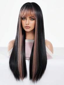 [Tóc giả dài thẳng màu hồng & đen có mái] Tóc giả dài thẳng 26 inch thanh lịch có mái dành cho nữ - Tóc tổng hợp chịu nhiệt, trông tự nhiên, hoàn hảo cho cosplay & tiệc Halloween - 100% lụa Tangron, hoàn thiện mờ, chịu nhiệt cao, lưới hoa hồng thoáng khí, vừa vặn, thanh lịch - Hai tông màu - Xem 4