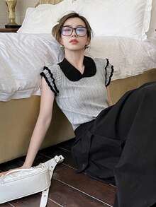 Y6Y- Spring New French Design Wavy Collar Ribbed Knit Sweater T-Shirt For Women - Grey - View 3