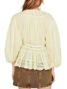 Women's Deep V-Neck Blouse Lace Patchwork 3/4 Sleeve Cinched Waist Bow Tie Front Slim Peplum Tops Streetwear - Light Green - View 5