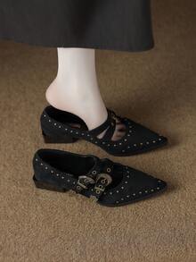 2026春季新款时尚办公室高跟休闲复古女鞋，纯色卡其色/黑色/棕色尖头粗跟，金属铆钉装饰，欧式鞋款，适合搭配阔腿连衣裙和通勤穿着，优雅大方。 - 黑色 - 查看 6