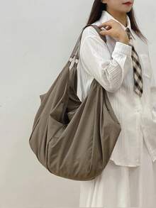 Large Capacity Plaid Pattern Shoulder Bag, Solid Color Nylon Material Water-Resistant, Minimalist Style Women's Crossbody Bag, Zipper Closure, Casual Practical Multipurpose Tote Bag, Suitable For Work, Study, Travel - Grey - View 8