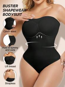 Women's Solid Color Strapless Push-Up Waist And Tummy Control Bodysuit ,Sculpting Body Shaper,Slimming Thong Bodysuit Smooth Shapewear For Women Tube Top Invisible Off-Shoulder Underwear For High Slit Dresses - 黑色 - 查看 1