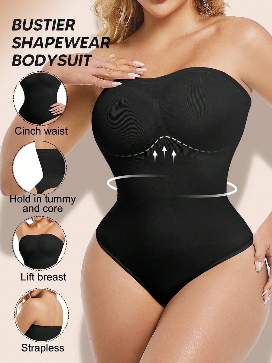 Women's Solid Color Strapless Push-Up Waist And Tummy Control Bodysuit ,Sculpting Body Shaper,Slimming Thong Bodysuit Smooth Shapewear For Women Tube Top Invisible Off-Shoulder Underwear For High Slit Dresses - 黑色 - 查看 1