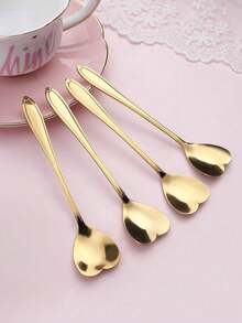 4pcs/Set Stainless Steel Short Handle Heart-Shaped Coffee Stirring Spoons, Christmas Gift - Gold - View 2