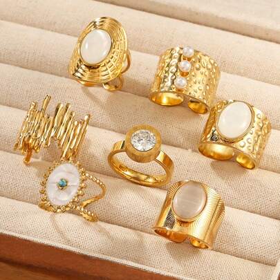 Juego de 7 anillos de acero inoxidable chapados en oro de 18K, con incrustaciones de piedras preciosas blancas o perlas, adecuado para decoración diaria o regalos de mujer