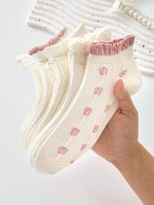 5 đôi tất ngắn nữ màu trắng và hồng họa tiết hoa xếp nếp dễ thương, tất cổ chân thoáng khí bằng lưới tối giản, phù hợp cho mọi mùa. - Nhiều màu - Xem 12