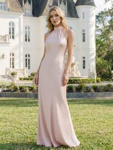 EVERPRETTY 新款优雅粉色缎面吊带蝴蝶结伴娘礼服，闪亮缎面正式礼服，鱼尾设计，适合婚礼、宴会、派对、生日等场合，春季款 - 淺粉色 - 查看 2