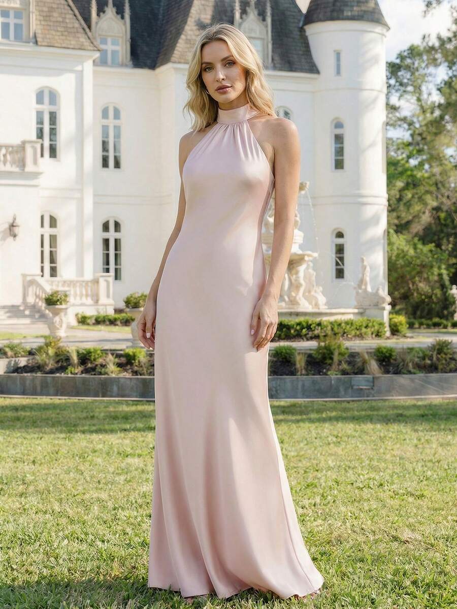 EVERPRETTY 新款优雅粉色缎面吊带蝴蝶结伴娘礼服，闪亮缎面正式礼服，鱼尾设计，适合婚礼、宴会、派对、生日等场合，春季款