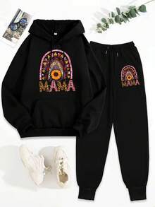 Conjunto de Sudadera con Capucha y Pantalones Deportivos para Mujer Estilo Casual Moda Primavera Verano Diseño Arcoíris con Flores de Girasol y Corazones Patrón Leopardo y Cuadros Colores Vibrantes - Negro - Ver 2