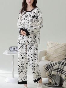 女士圆领睡衣两件套，长袖上衣和长裤，柔软舒适，适合春秋季穿着 - 黑色 - 查看 3