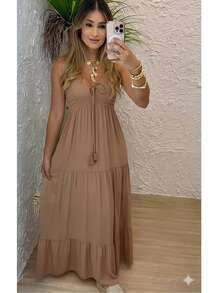 Women's Long Dress, Flowing Style, Thin Straps, V-Neck With Front Tie, Elastic Back - Fits Sizes 36 To 42. - 淺棕色 - 查看 2