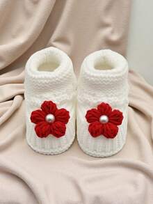 1 Pair Handmade Infant Knit Booties With Flower, White Infant Crib Shoes - Red - View 3