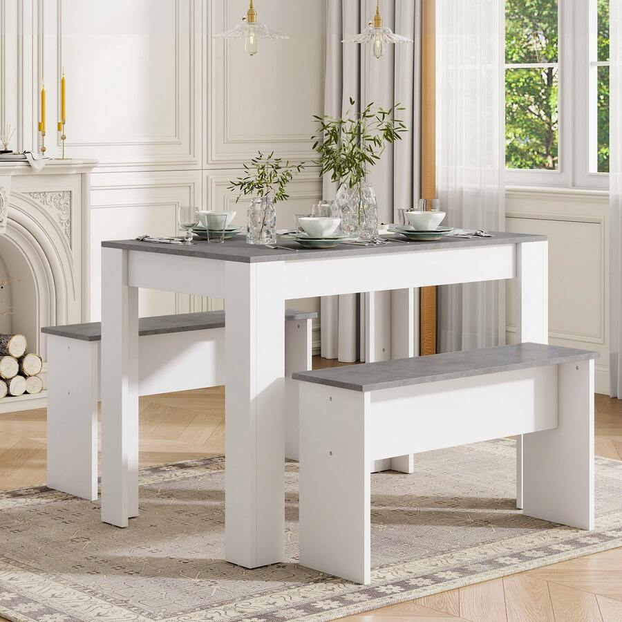Flieks Dining Table With 2 Benches Dining Table Set For Kitchen, Dining Room, Small Space Artificial Marble - Grey - View 1