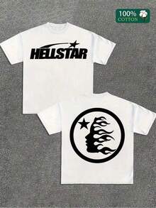 Y2K Tops, Flame & Star Double Sided Print T-Shirt, Streetwear, Digital Print, Edgy, Casual, Summer,   For Men - White - View 1
