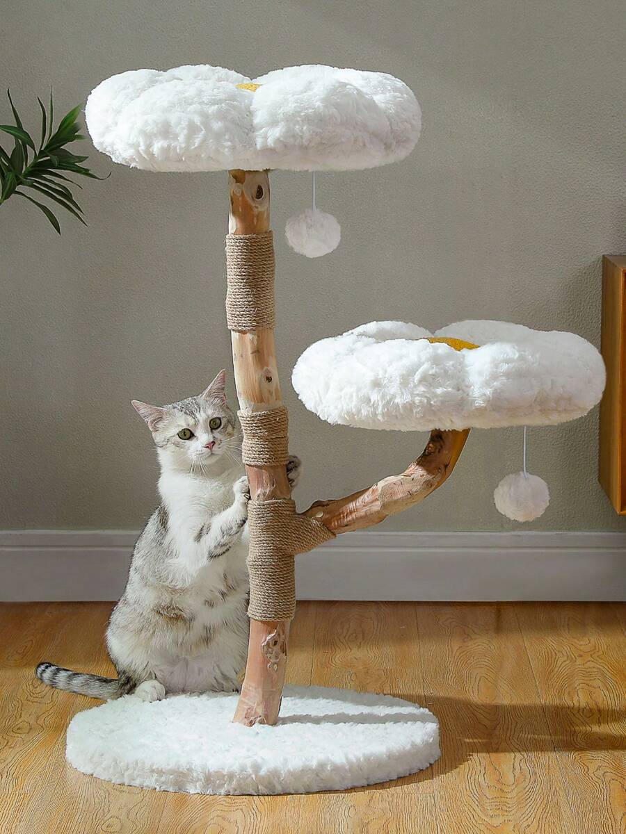 PAWZ Road Wood Flower Cat Tree, Modern Cat Tower With Real Wood Branches, Luxury Boho Cat Furniture With Scratching Post And 2 Perches, Cat Climbing Tower For Indoor Cats, Cloud White - trắng - Xem 1