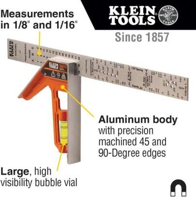 Klein Tools 935CSEL Combination Square Ruler For Electricians And Carpenters, Stainless Steel Double Sided Ruler, Bubble Level, Magnetic