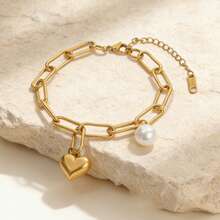 1条金色不锈钢回形针链手链，心形和珍珠吊坠，现代时尚饰品，适合日常佩戴 - 金色 - 查看 4