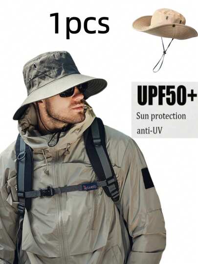 1pc Unisex Multi-Color Summer Outdoor Sun Hat, Men's Drawstring Decor Casual Sun Protection Wide Brim Hat, Breathable UV Protection Hat, Suitable For Fishing, Hiking, Travel & Leisure, Men's Summer Hat, Applicable For Hiking, Fishing And Other Summer Outdoor Activities (Random Style Of Wind Rope Buckle)