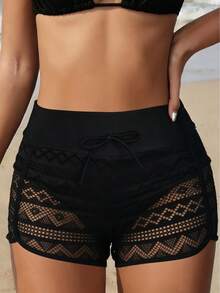 New Women's Swimsuit Bottoms, Solid Color Mesh Patchwork Hollow Drawstring Briefs, Single Swimsuit - màu đen - Xem 1