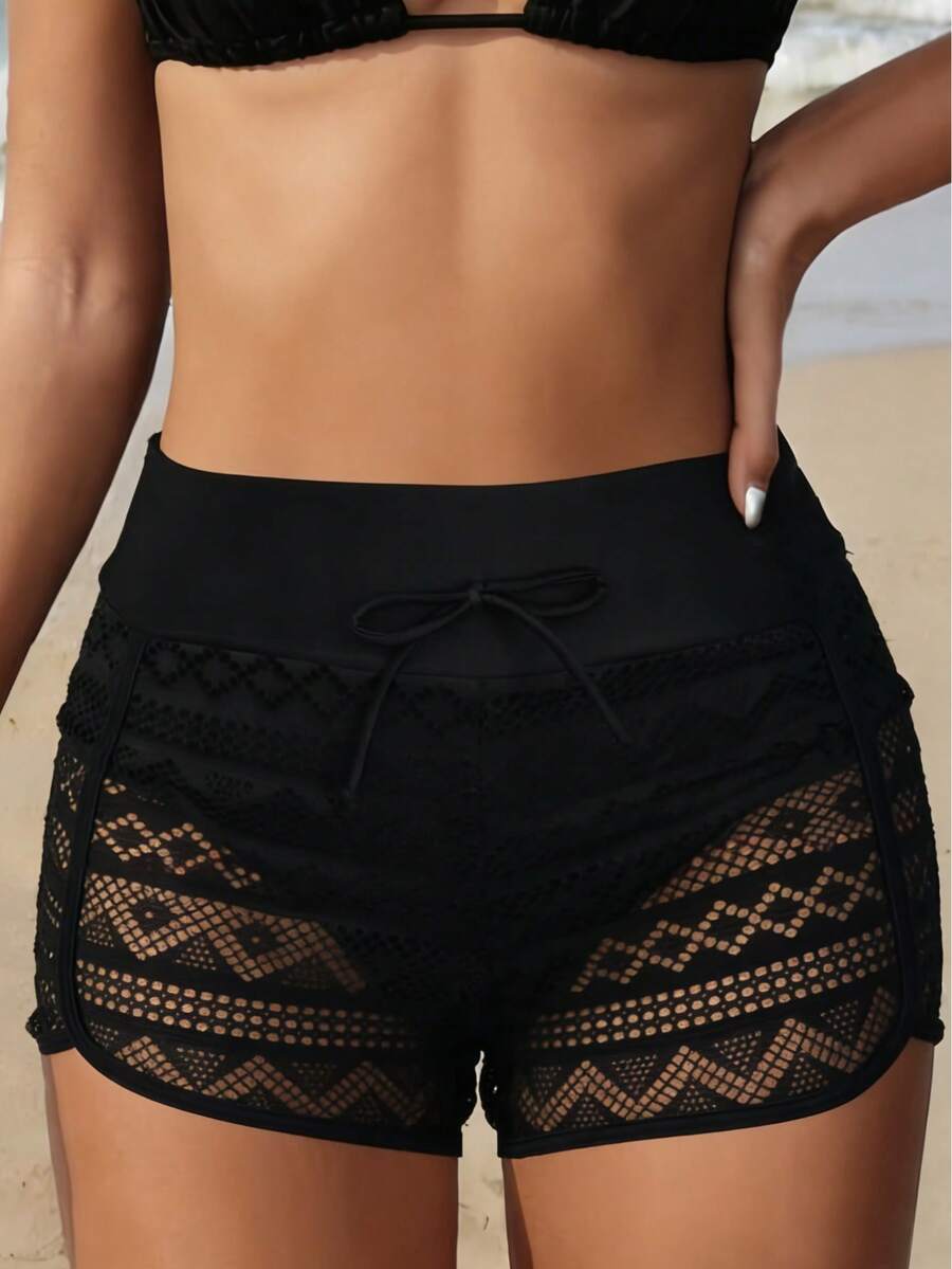 New Women's Swimsuit Bottoms, Solid Color Mesh Patchwork Hollow Drawstring Briefs, Single Swimsuit - màu đen - Xem 1