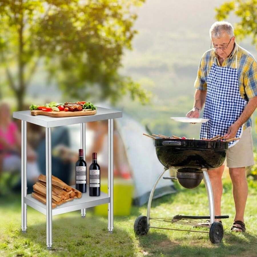 Beaully 2-Tier Stainless Steel Work Table, Heavy Duty Commercial Food Prep Table, Kitchen Utility Workstation With Rags And Gloves, For Restaurant, Hotel, Laundry, Garage, Indoor, Outdoor, BBQ - No Wheels 24*24*35in - View 1