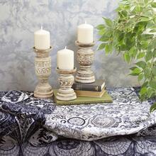Tri-Level Wooden Candlestick Set With Light Brown And Whitewashed Finish, 6, 8, And 10 Inches Tall - Multicolor - View 1