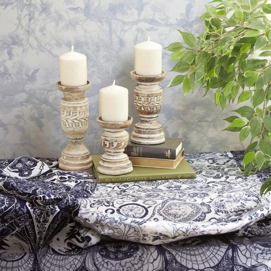 Tri-Level Wooden Candlestick Set With Light Brown And Whitewashed Finish, 6, 8, And 10 Inches Tall - Multicolor - View 1