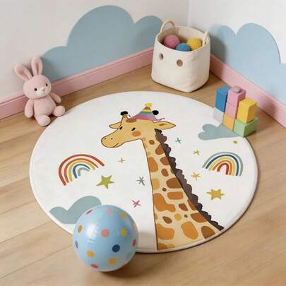 1pc Cartoon Rainbow Giraffe Round Area Rug - Washable, Suitable For Living Room, Bedroom, Bedroom Decor, Nature Inspired Design Mat, Decorative Carpet, Bedroom Decor, Small Rug, Carpet, Home Decor, Living Room Carpet, Living Room Small Rug, Bedroom Carpet, Living Room Home Decor, Outdoor Rug, Washable Rug, Plush Rug, Furry Rug, Cleanable Rug