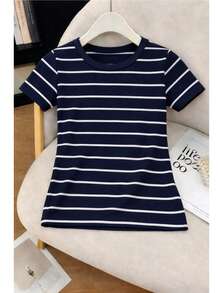 Women's Ribbed Cotton Striped Basic Two-Tone T-Shirt - Casual Autumn/Winter/Summer American Style - NAVY BLUE STRIPED - View 2
