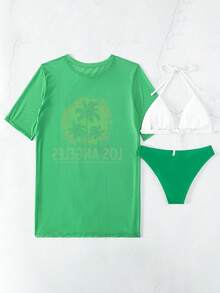 3pcs Women's Summer Spaghetti Strap Cover-Up, Bikini Swimwear Set Vacation - Green - View 2