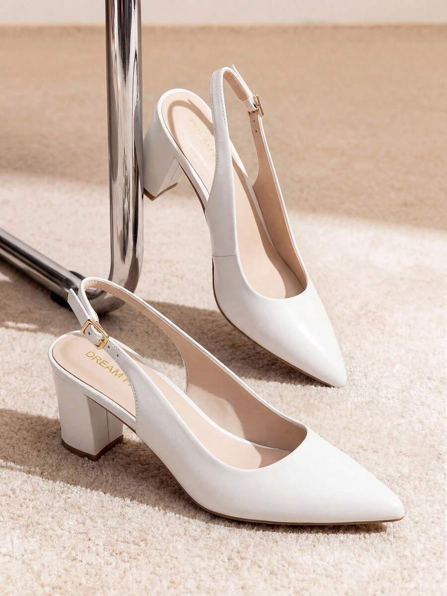 Women's Slingback Pumps, Chunky Block Heel Pointed Toe Dress Shoes Comfortable Business Office Heels - 白色 - 查看 1