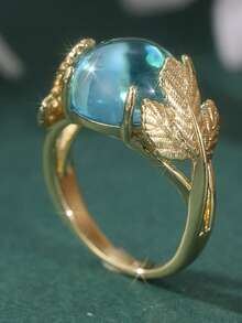 Cincin Daun Maple Antik dari Tembaga, Bertatahkan Batu Permata Biru, Cocok untuk Pemakaian Sehari-hari Wanita - Emas - View 10