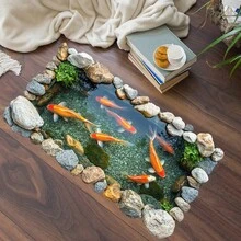 3D立体地板贴纸 石头池塘 鲤鱼 墙贴 金鱼群 防水防潮 自粘式家庭壁画贴纸 厨房浴室瓷砖贴纸 客厅卧室装饰艺术壁画 - 多色 - 查看 2