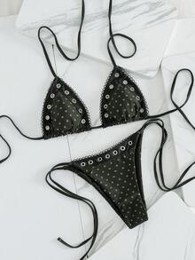 Bộ bikini 2 mảnh chấm bi thanh lịch, gợi cảm với điểm nhấn kim loại, thích hợp cho kỳ nghỉ hè. - Màu xanh Ô liu - Xem 5