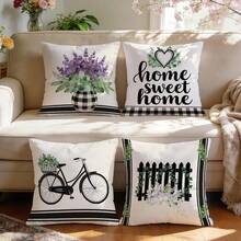 4pcs Black & White Plaid, Stripe, Floral, Bicycle Pattern Pillow Covers, Single-Sided Printed Cushion Covers, Suitable For Living Room, Bedroom, Home Decor, All Seasons - Multicolor - View 5