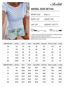 Acelitt Summer Colorblock Checkerboard Print Ribbed Fitted Crew Neck Short Sleeve T-Shirt Casual - Baby Blue - View 2