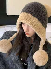 1pc Oversized Plush Pom Pom Earflap Hat, Cute & Warm Winter Hat Women, Thick Knitted Beanie With, Suitable Autumn/Winter - Multicolor - View 9