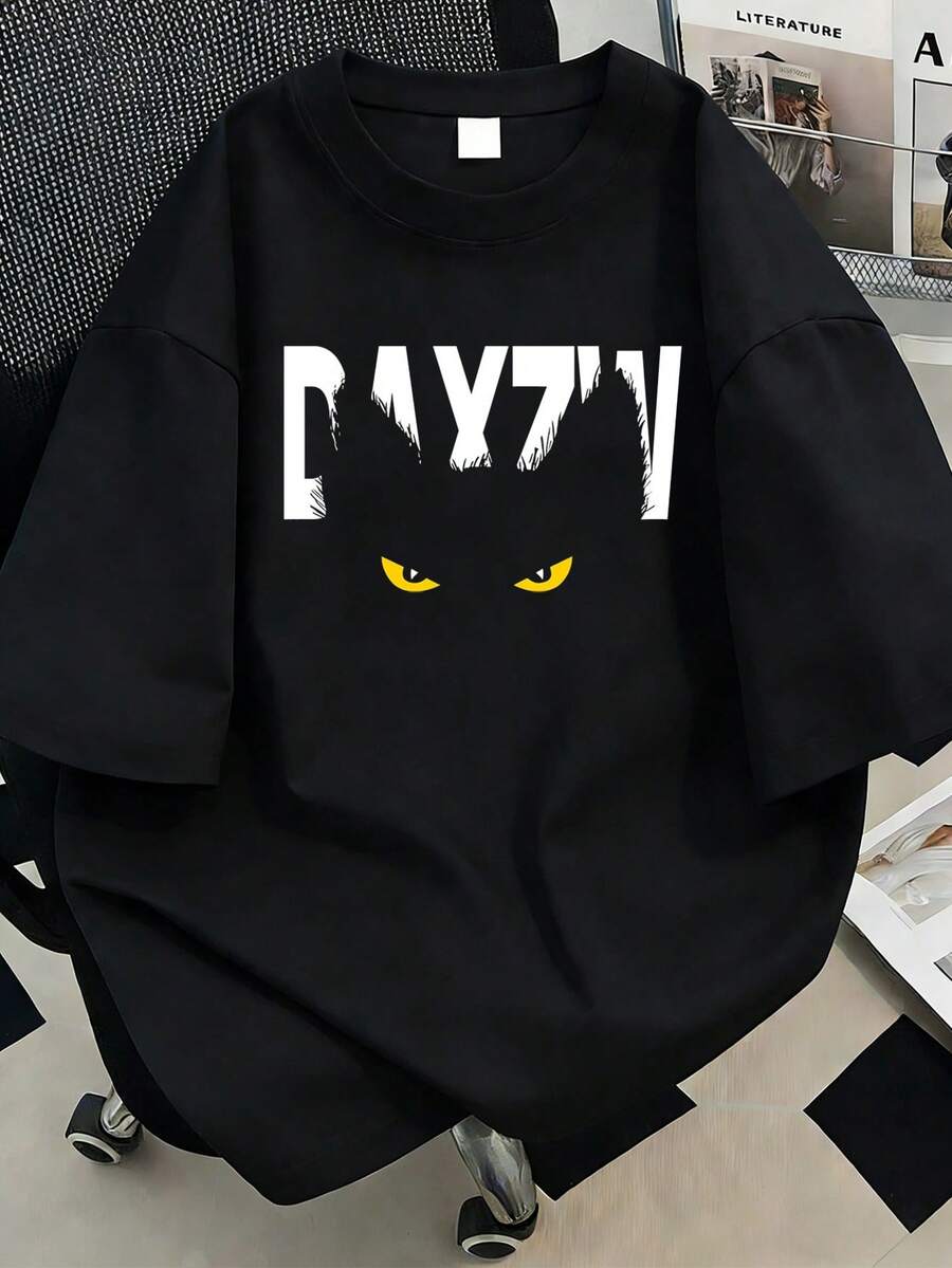 Cat Print Round Neck T-Shirt, Plus Size Women's Top. Suitable For Summer Vacation, Holidays, New Year Gift, Mother's Day Gift, Gift For Mom; Graduation Short Sleeve Top. Suitable For Daily Wear, Outings, Vacation, Beach, Party, School, Music Festivals, Travel, Commuting, Etc. Essential Short Sleeve Top - Black - View 1