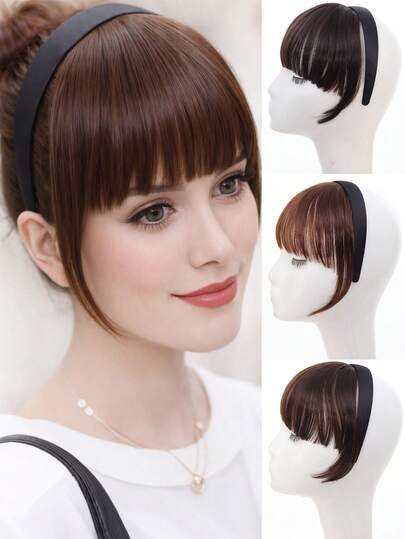 Tóc giả băng đô đen có mái, tóc giả tổng hợp màu đen và nâu, kiểu dáng thanh lịch, sợi chịu nhiệt, dễ sử dụng, phù hợp cho nữ, thích hợp cho sử dụng hàng ngày và dự tiệc.