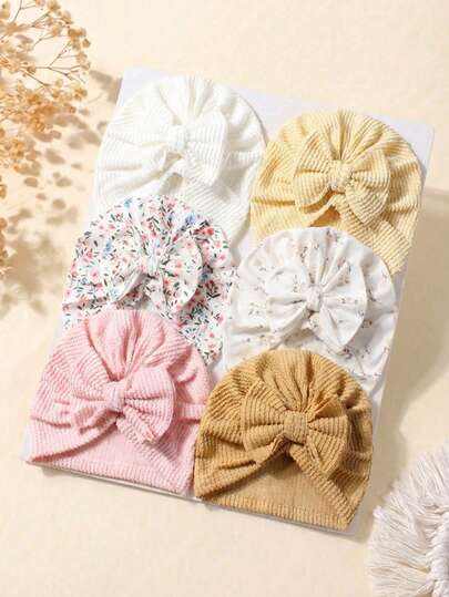 Set de 3 piezas de gorro y diadema de bebé recién nacido de colores pastel con moño, adecuado para uso diario en todas las estaciones
