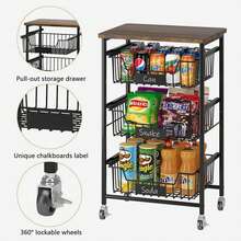 Carro de 4 Niveles, Carro Estrecho de Cocina con Ruedas, con Asa, para Espacio Reducido, para Cocina, Baño, Salón,Estudio, Marrón Rústico y Negro - Negro - Ver 3