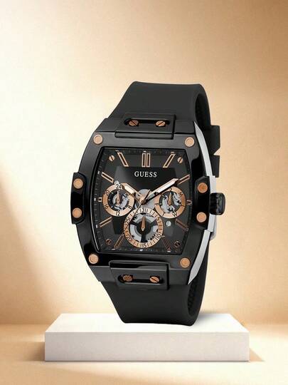 Guess Men's Black Rose Gold Barrel-Shaped Sports Watch, Luxury Multi-Dial Quartz Wristwatch With Silicone Strap, Modern Casual Business Party Accessory