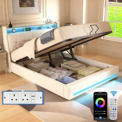 OYAJIA Upholstered Ottoman Bed With Hydraulic Lift & LED Storage Headboard, Double Size Bed Frame With LED Lighting, Linen Functional Upholstered Storage Bed, No Mattress, White 135x190 Cm (No Mattress)