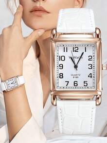 1 chiếc đồng hồ nữ vuông thời trang, kiểu dáng cổ điển màu trắng, vỏ mạ vàng hồng, dây đeo da PU, mặt số chữ số Ả Rập, món quà thanh lịch dành cho bạn gái, vợ, mẹ, thích hợp cho Ngày Valentine, Giáng sinh, đám cưới, tiệc tùng, sử dụng hàng ngày. - trắng - Xem 2