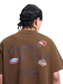 MT99 美式植绒印花圆领橄榄球风格短袖休闲度假衫 - 棕色 - 查看 4