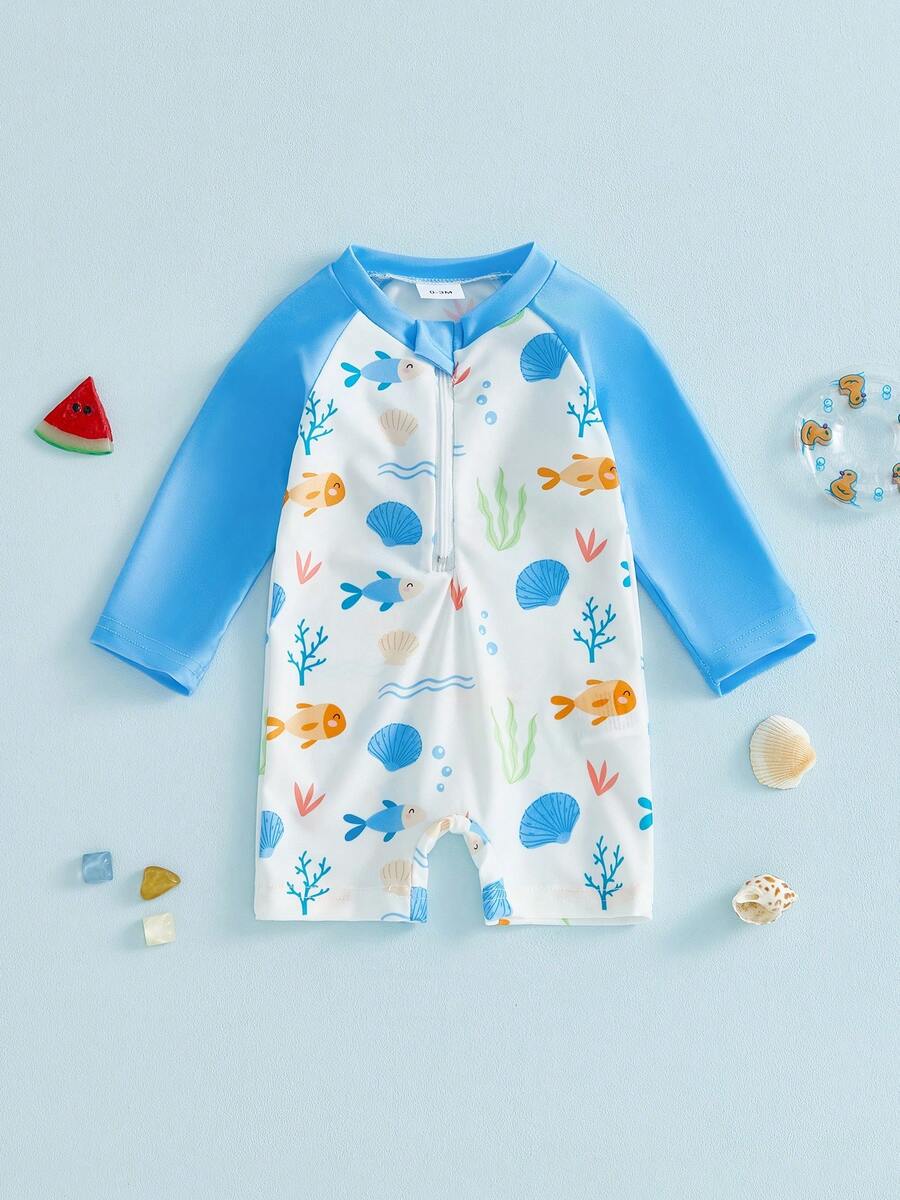 2Pcs Infant Baby Boy Swimsuit Set Fish Seashell Print Crew Neck Long Sleeve Upper Zipper Rash Guard Swimwear And Sun Hat - Blue - View 1