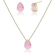 Women's Gold-Plated Costume Jewelry Set: Earrings, Necklace, And Teardrop Stone Pendant, 18k Gold Plated - 淺粉色 - 查看 4
