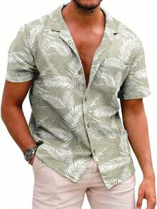 Men's Hawaiian Flower Shirt With Cotton Button Tropical Holiday Beach Short Sleeve Shirt - 綠色 - 查看 4